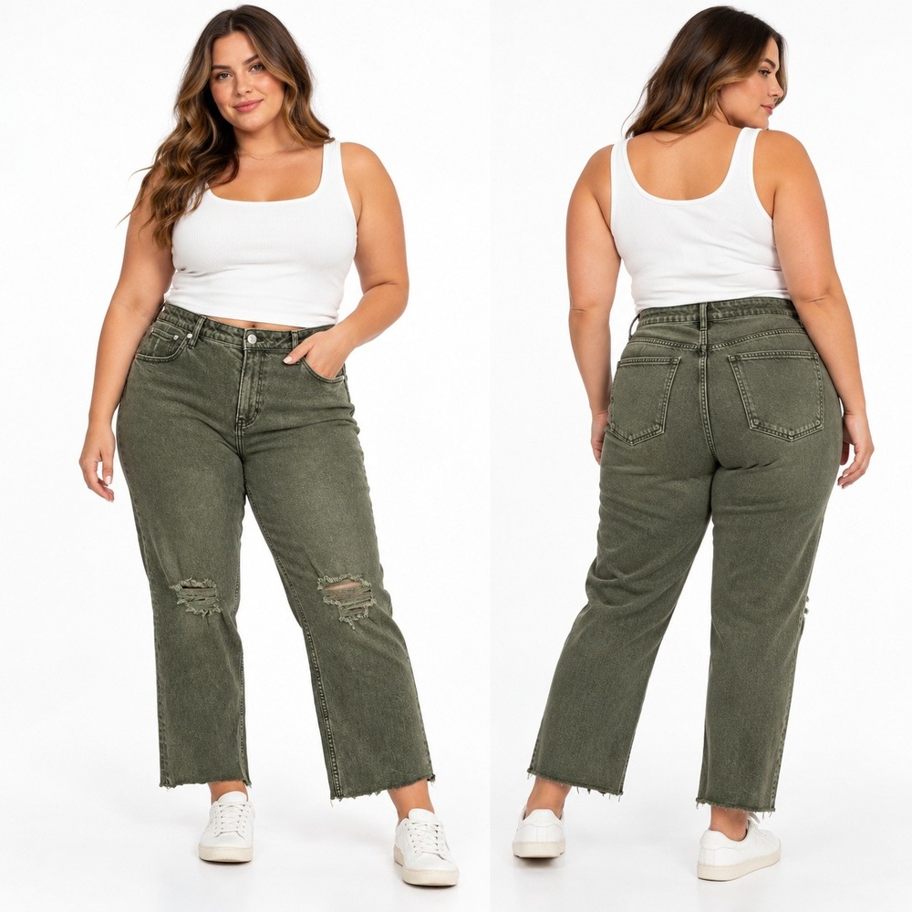 Cleo + Wolf High Rise Straight Leg Distressed Jeans Olive Green 34W / 16
